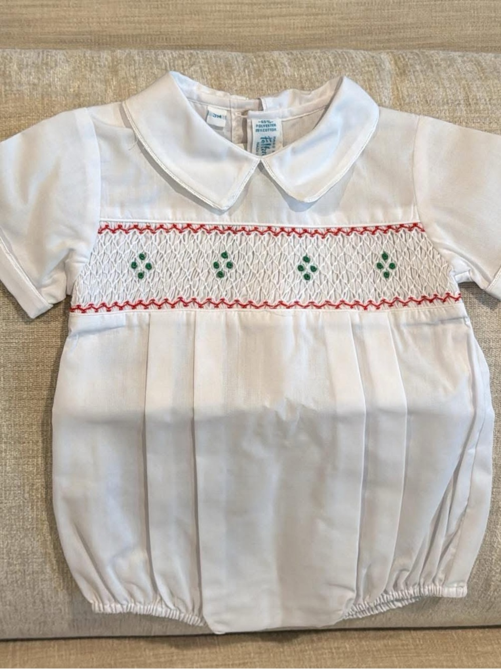 Feltman Brothers Classic White Smocked Baby One-Piece with Red & Green Accents